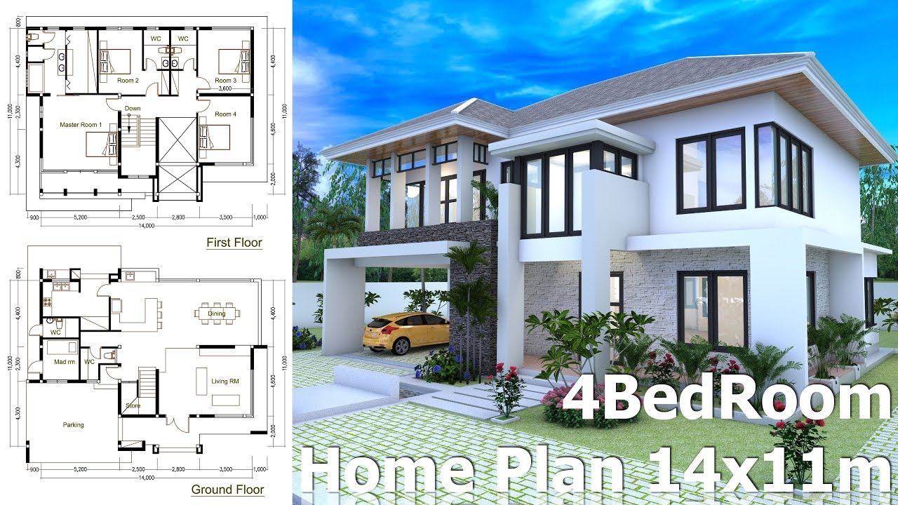  4  Bedrooms  Home  Design  Plan  Size  14x11m SamPhoas Plan 