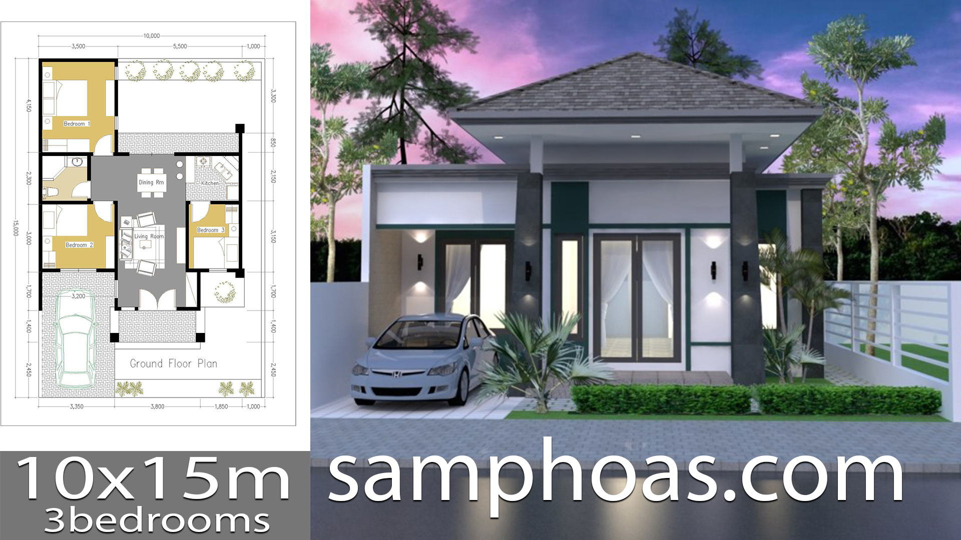 One Story House with 3 Bedroom 10x15m - SamPhoas Plan