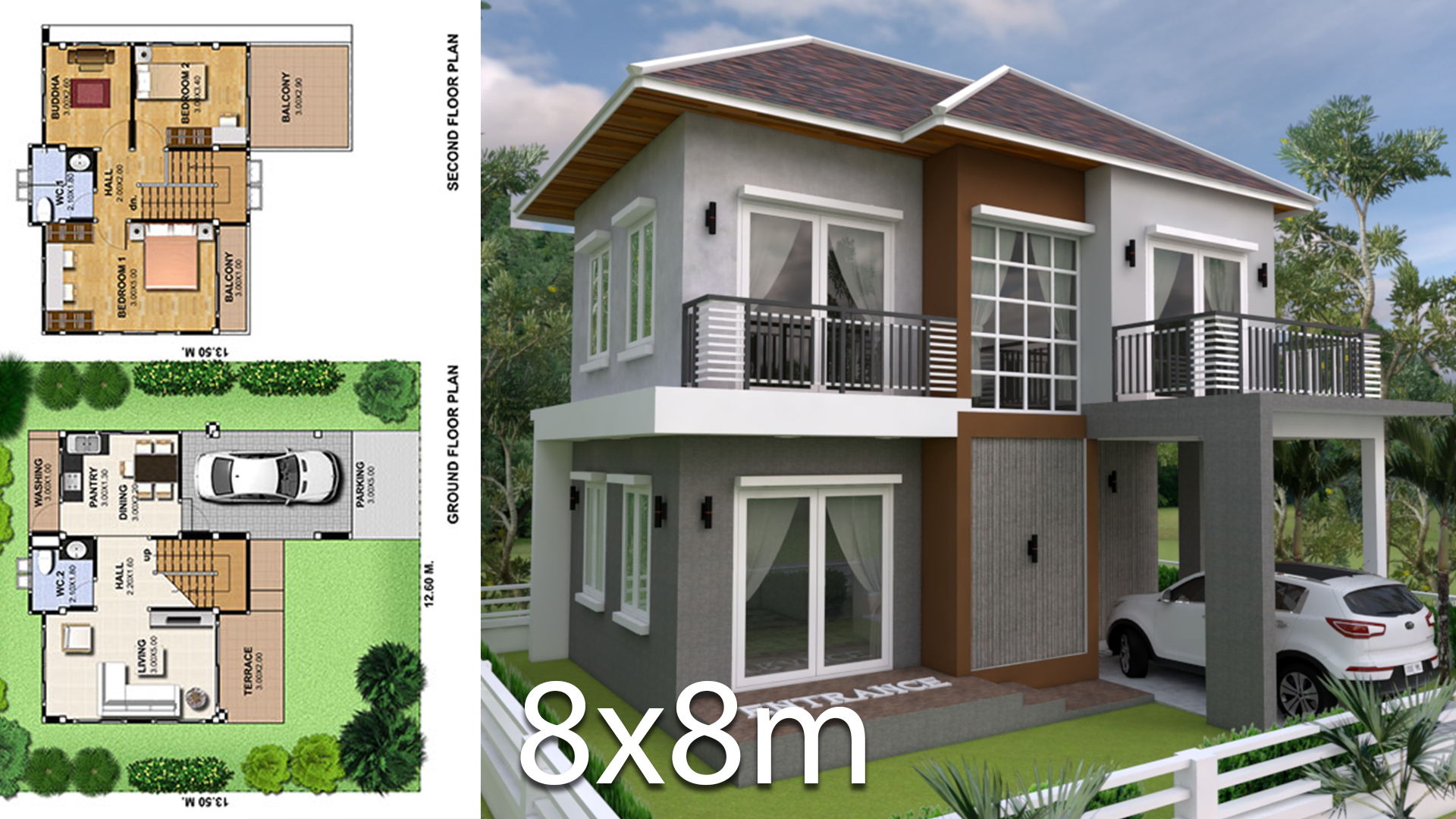 3 Bedrooms Home Plan 8x8m - SamPhoas Plan