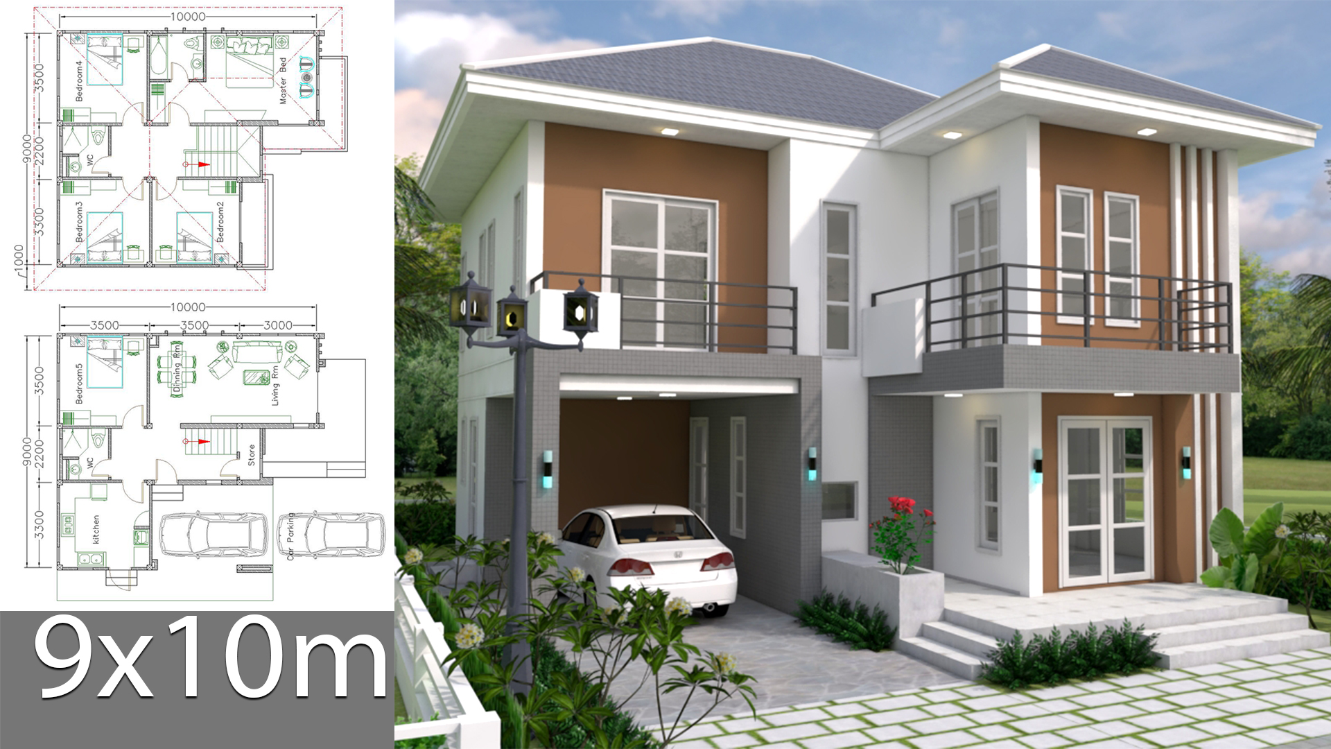 House Plans Design 9x10m with 5 bedrooms