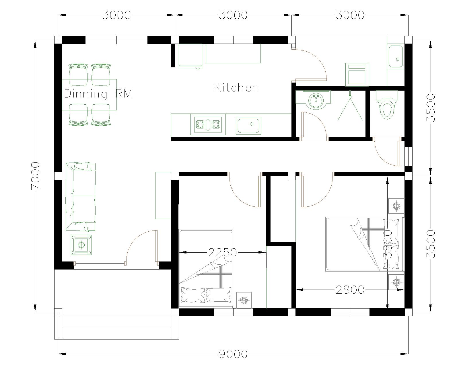 House Design Plans 9x7 with 2 Bedrooms Gable Roof