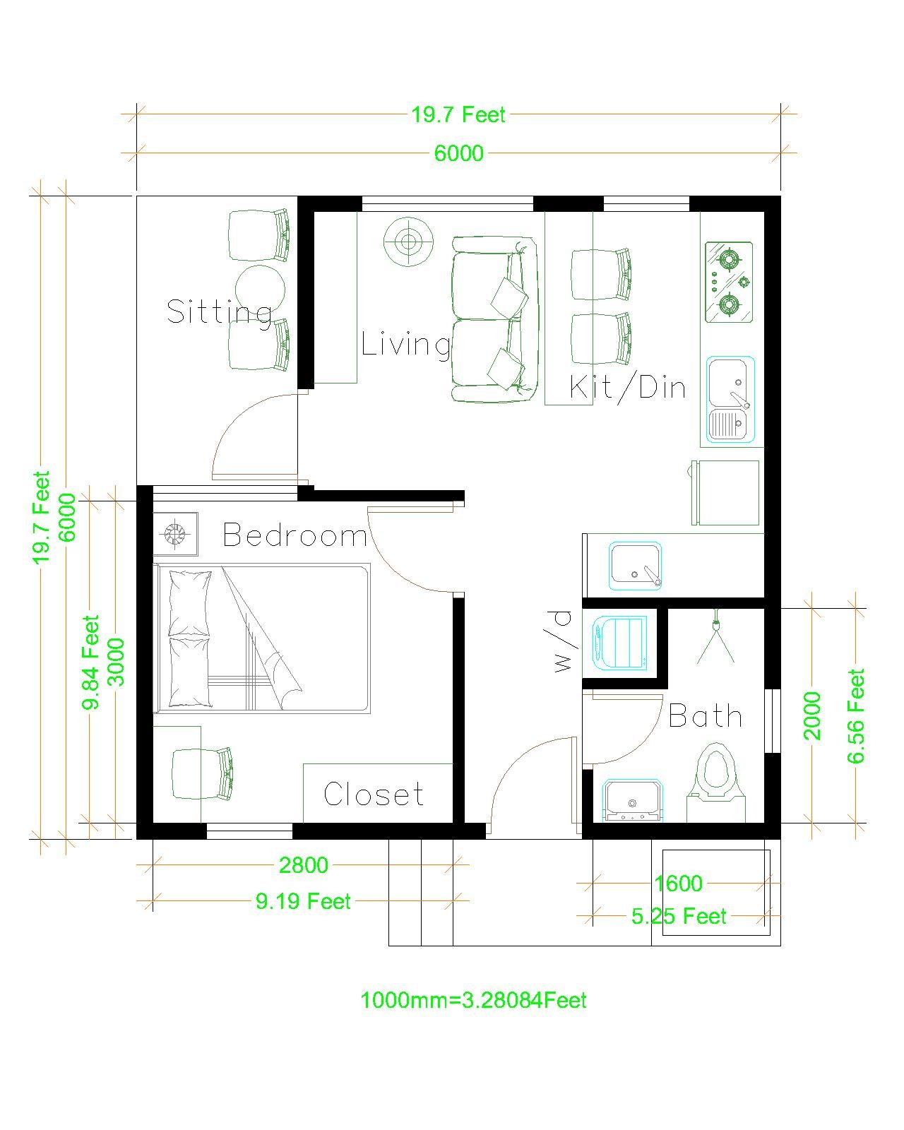 One Bedroom House Design Plans 6x6 with Shed Roof