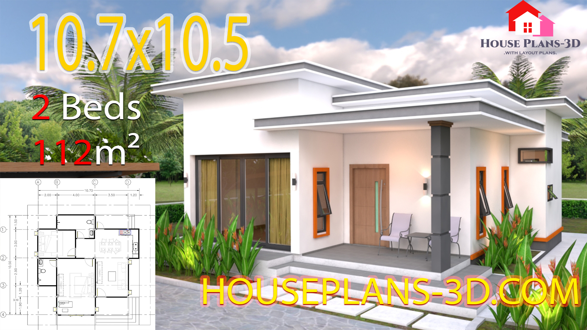 House Plans 10.7x10.5 with 2 Bedrooms Flat roof