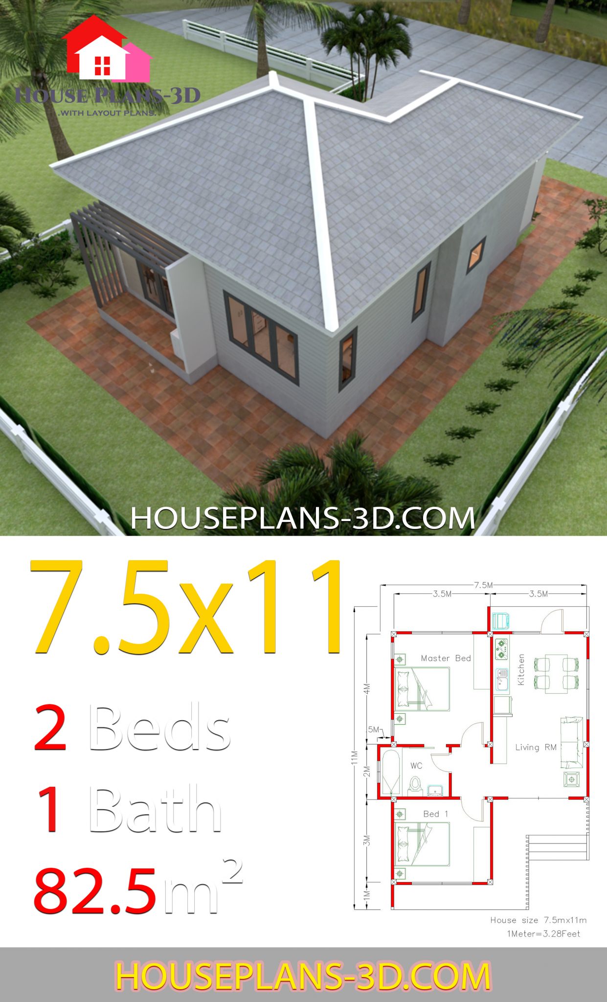 House Design Plans 7.5x11 with 2 Bedrooms Hip roof Full plans