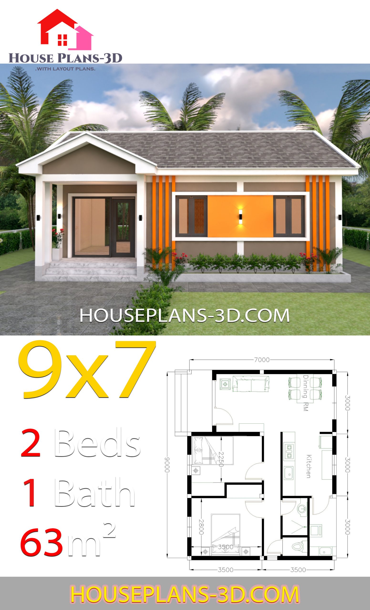 House Design Plans 9x7 with 2 Bedrooms Gable Roof