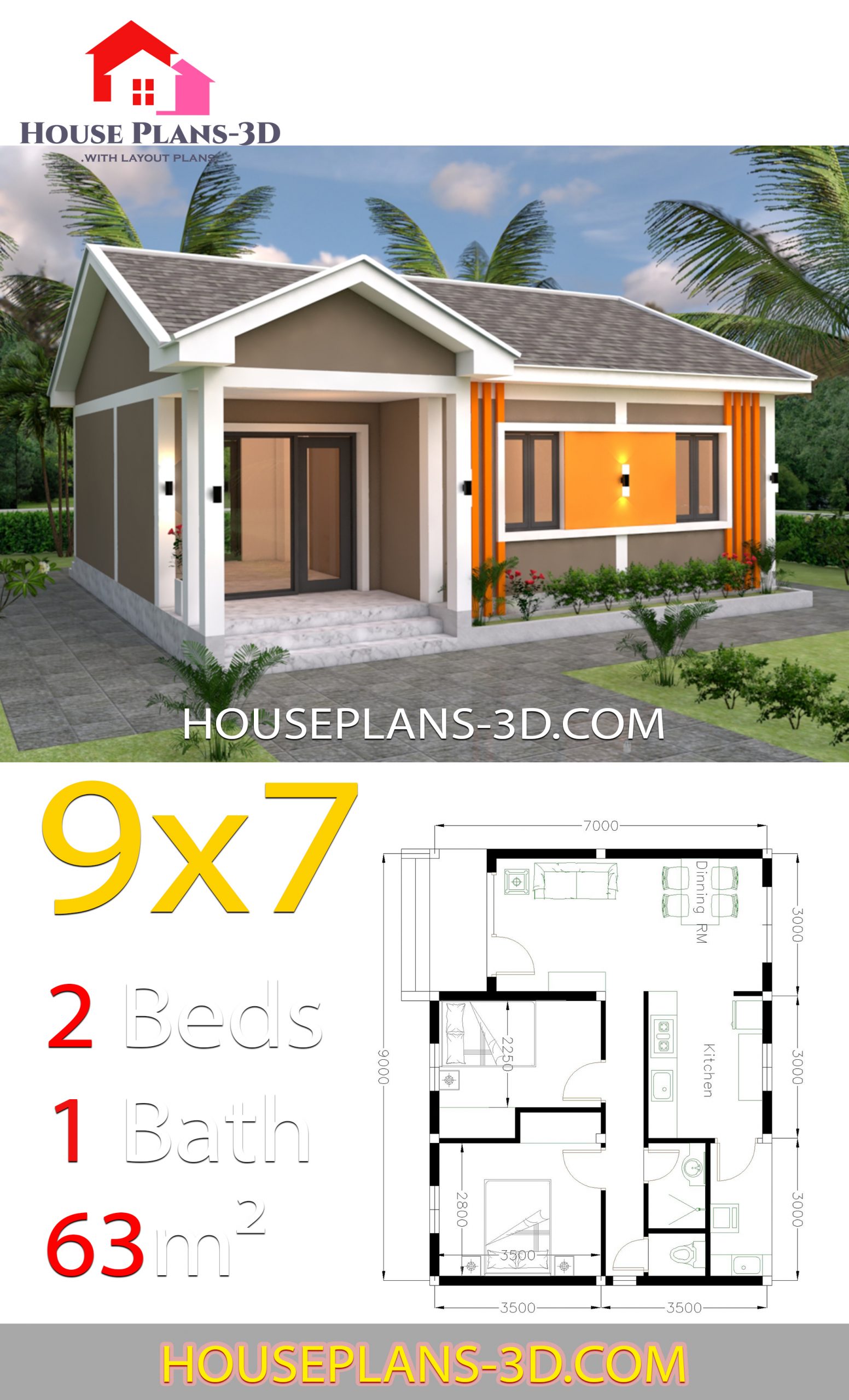 House Design Plans 9x7 with 2 Bedrooms Gable Roof