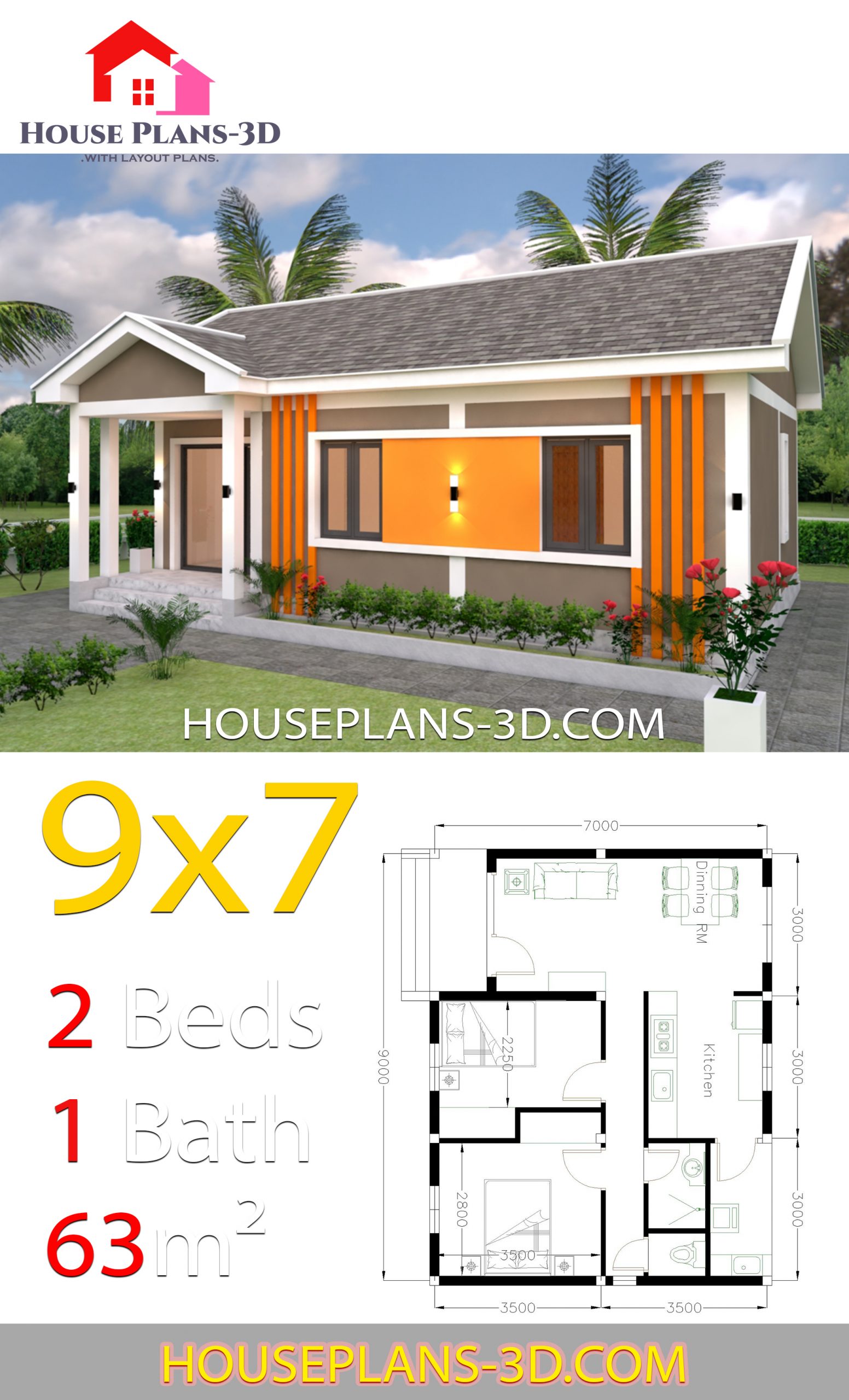House Design Plans 9x7 with 2 Bedrooms Gable Roof
