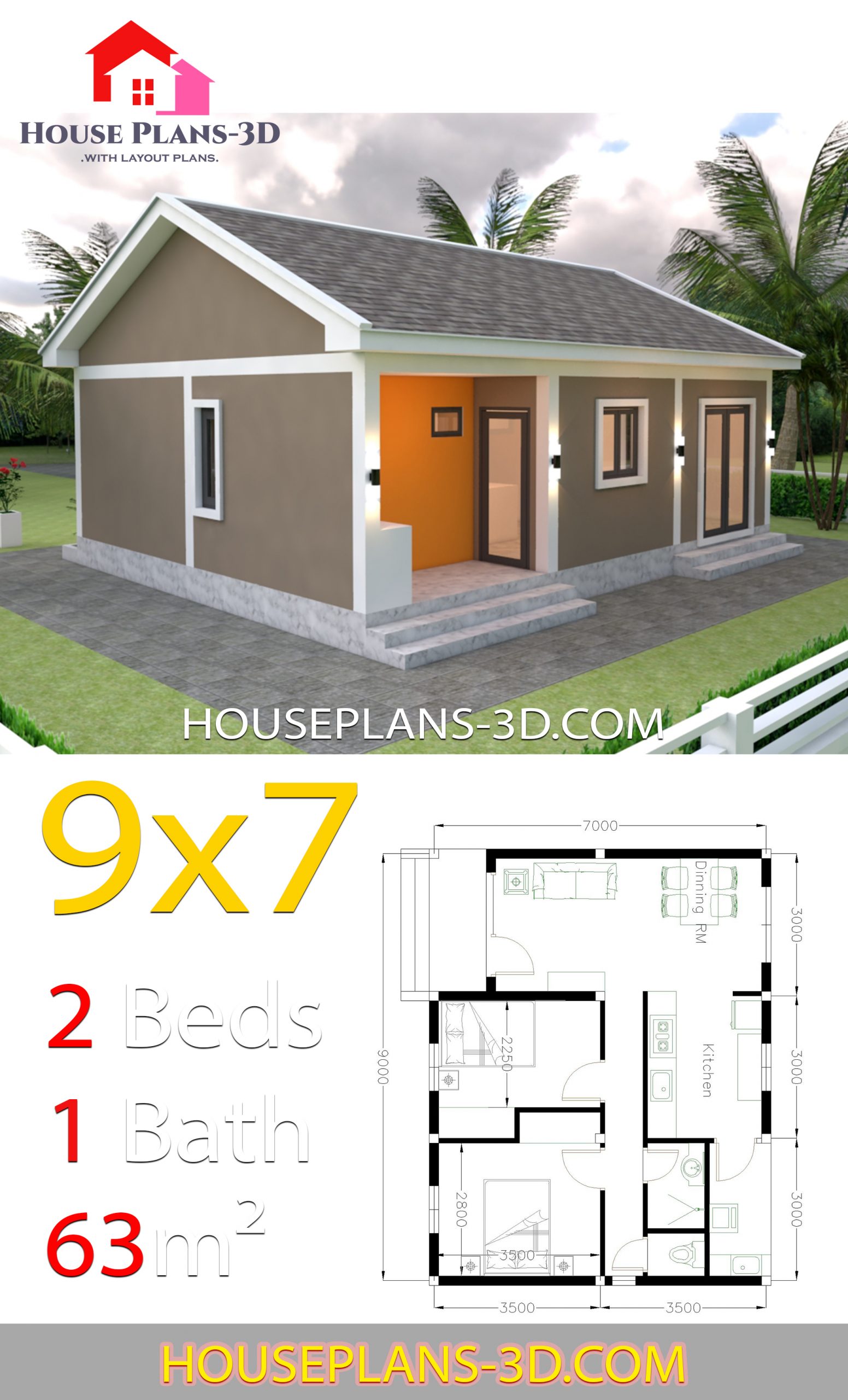 House Design Plans 9x7 with 2 Bedrooms Gable Roof
