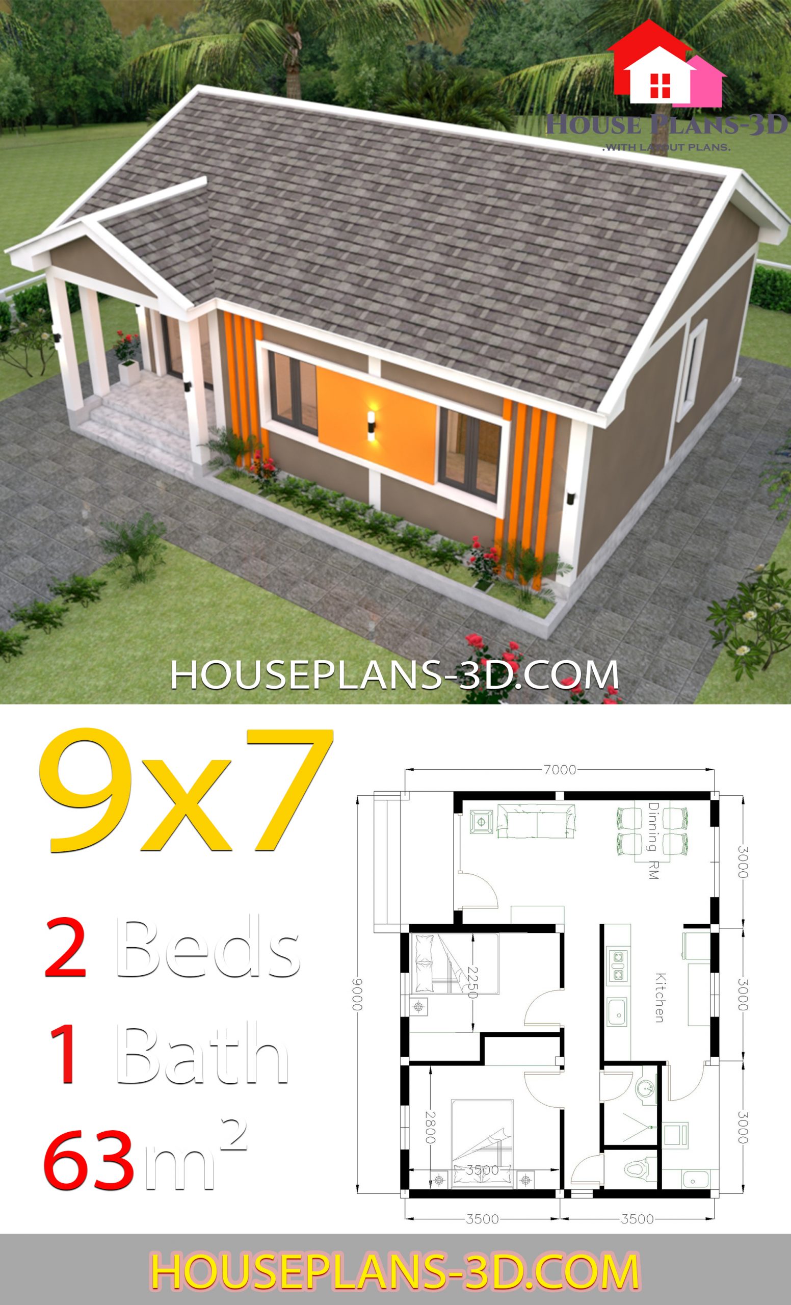 House Design Plans 9x7 with 2 Bedrooms Gable Roof