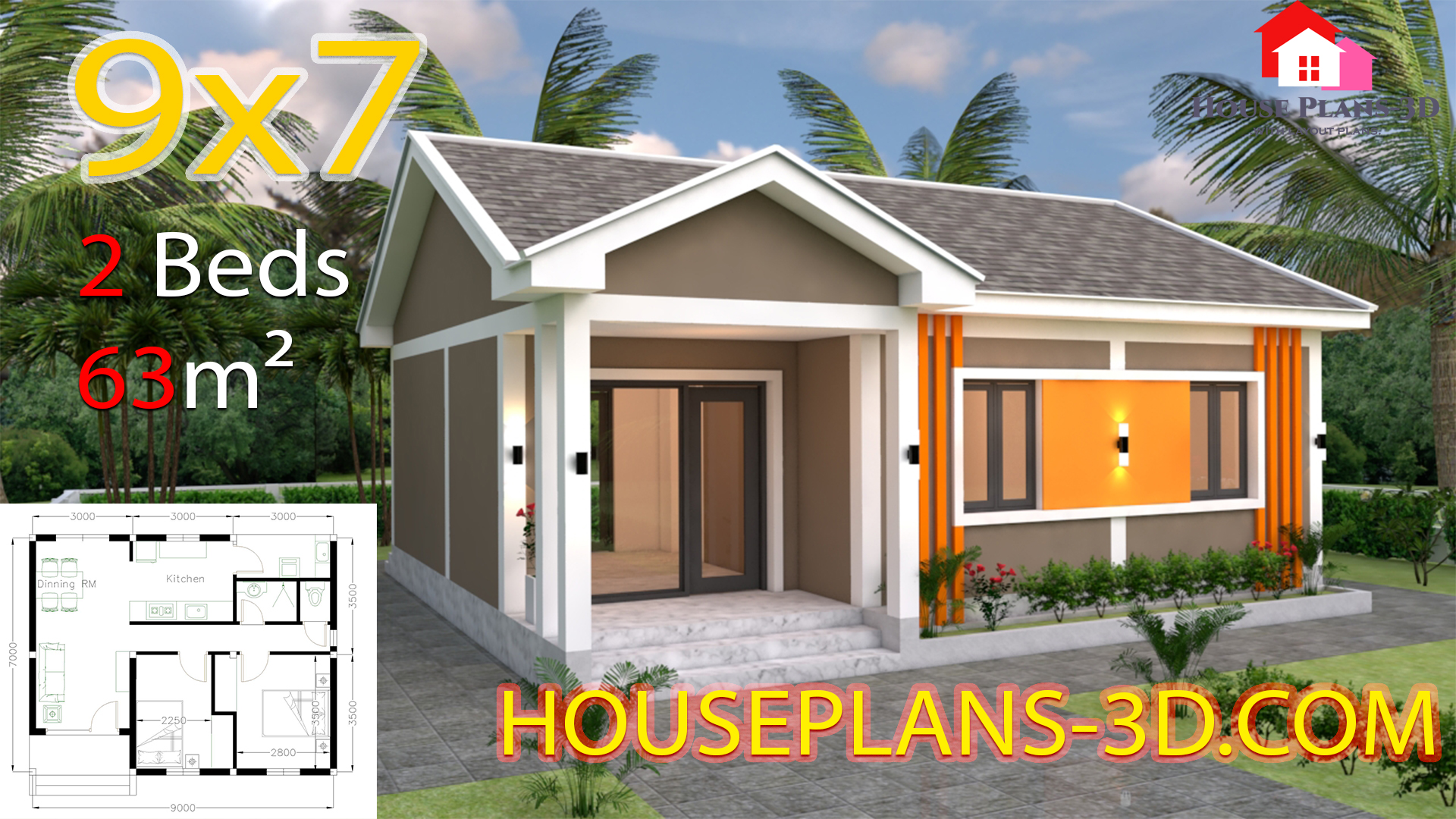 House Design Plans 9x7 with 2 Bedrooms Gable Roof