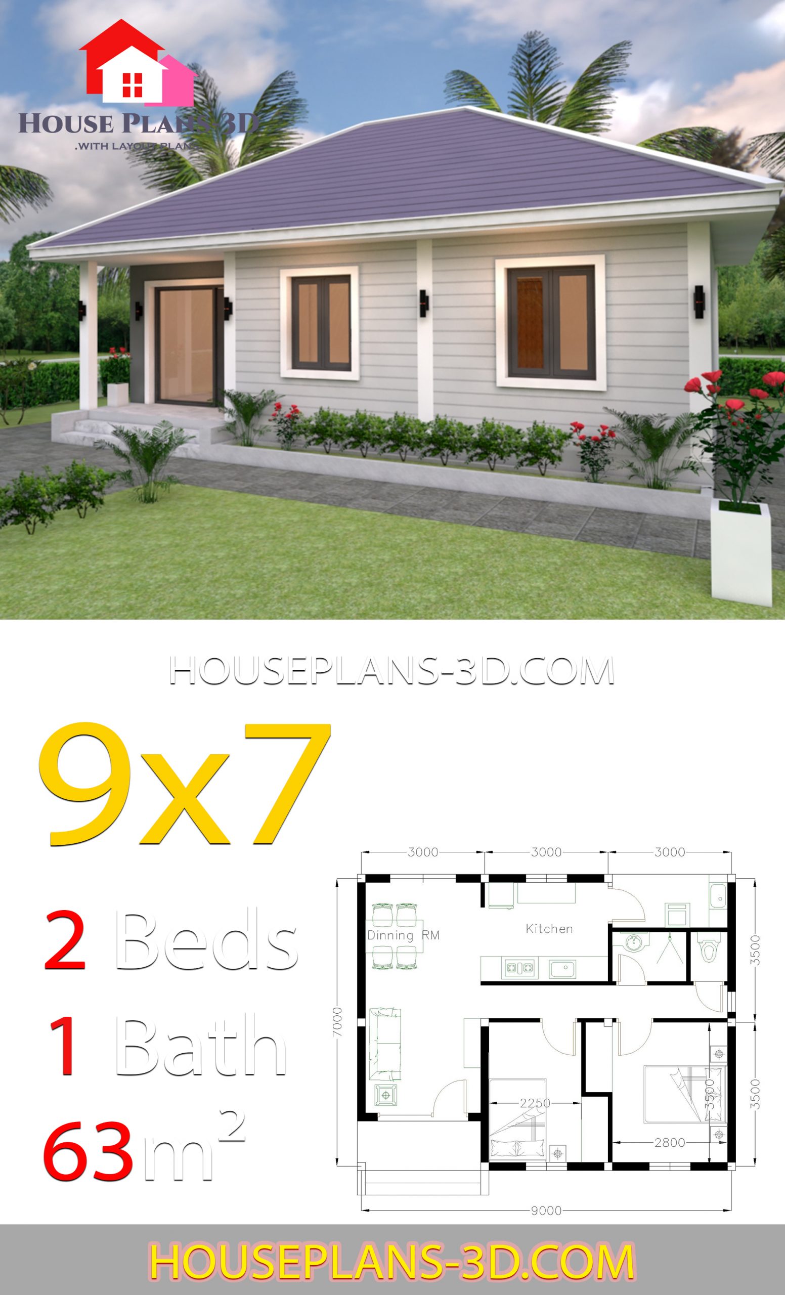 House Design Plans 9x7 with 2 Bedrooms Hip Roof
