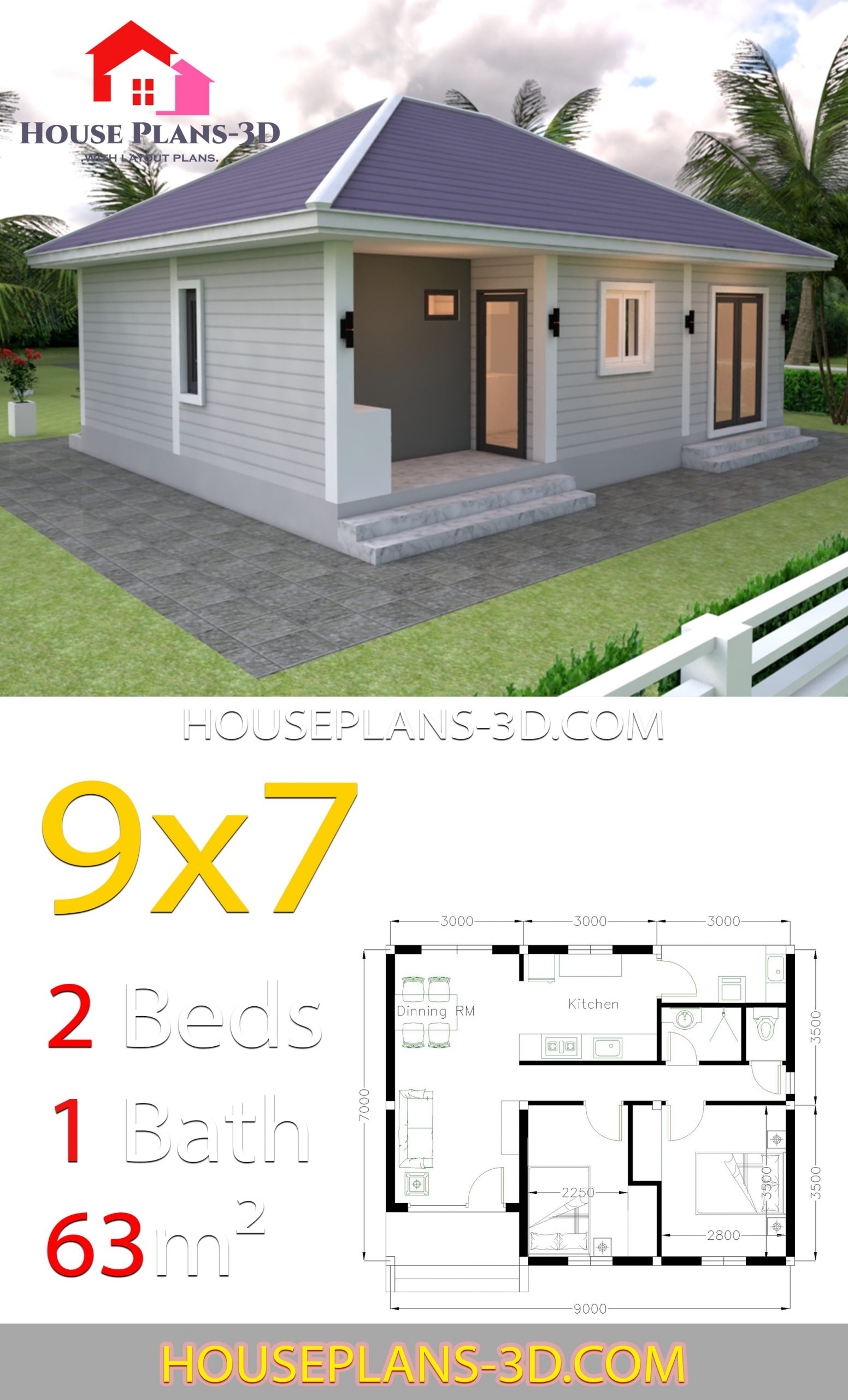 House Design Plans 9x7 with 2 Bedrooms Hip Roof