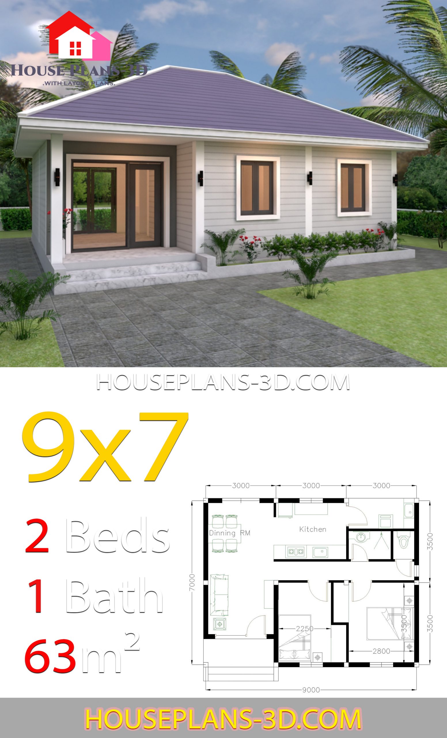House Design Plans 9x7 with 2 Bedrooms Hip Roof