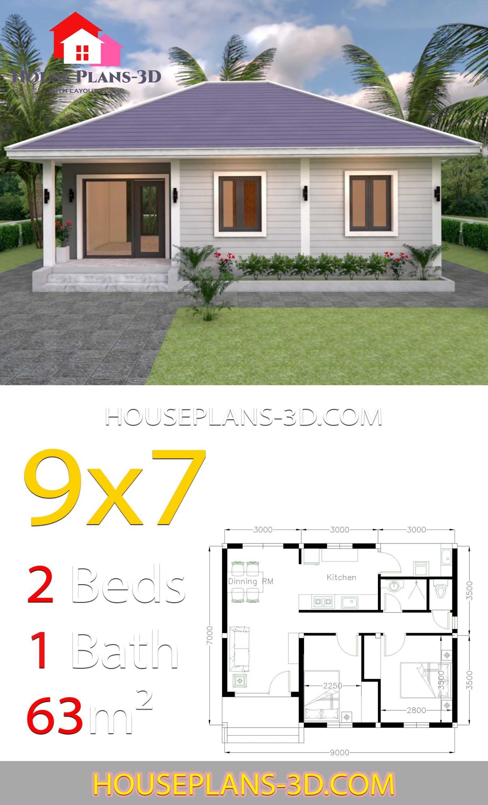 House Design Plans 9x7 with 2 Bedrooms Hip Roof