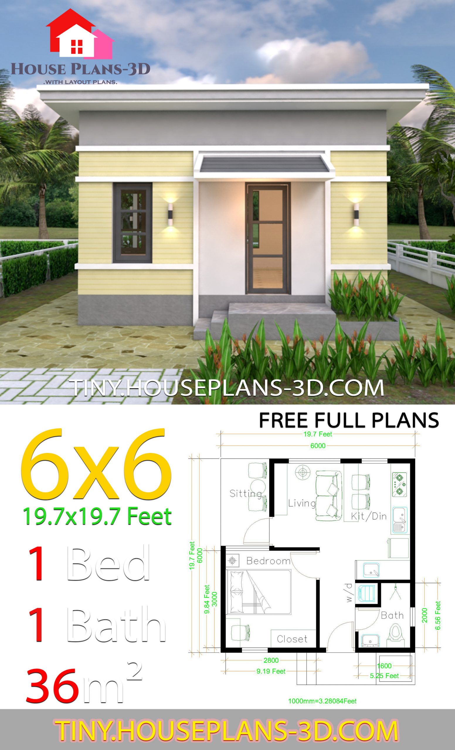 One Bedroom House Design Plans 6x6 with Shed Roof