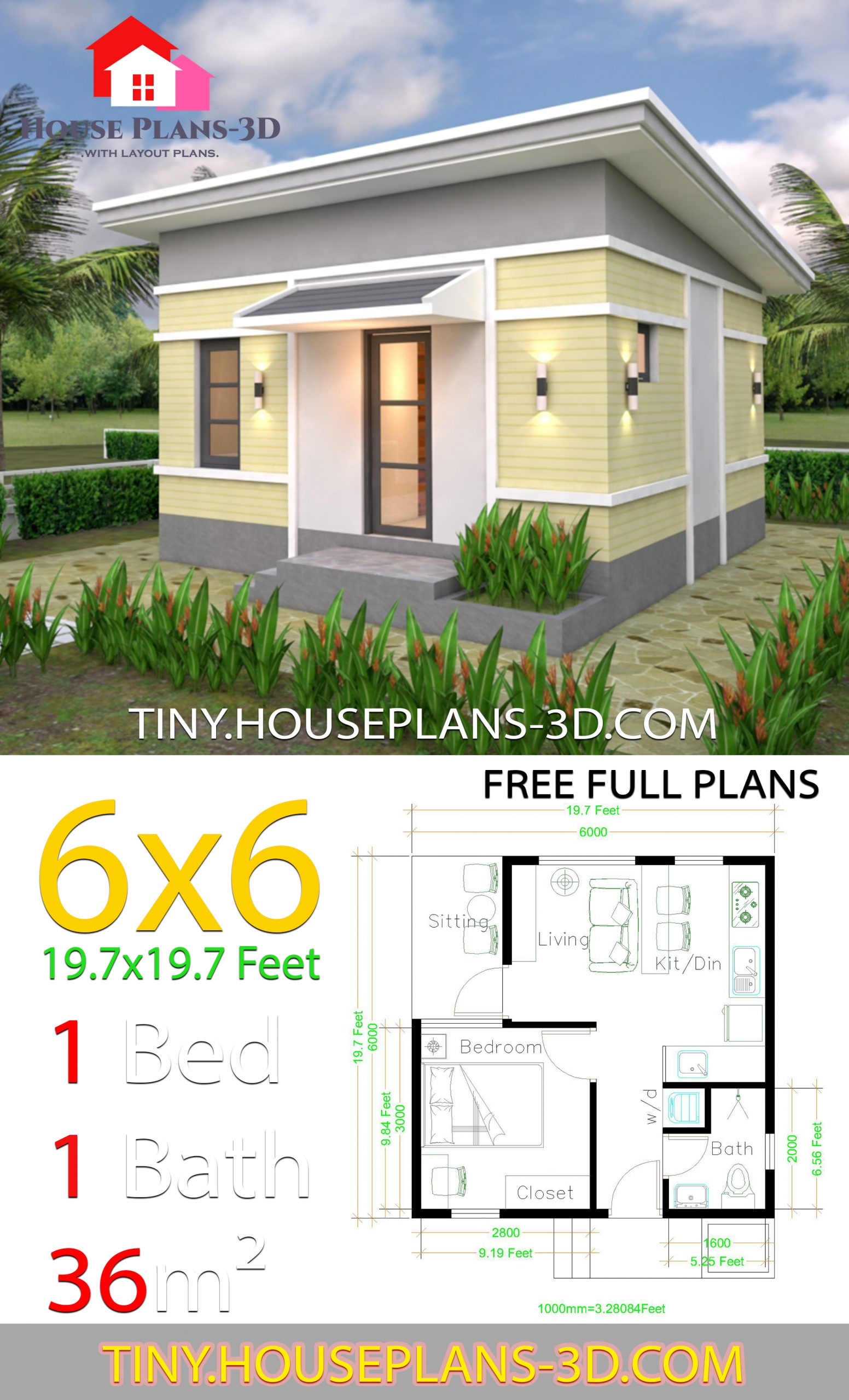 One Bedroom House Design Plans 6x6 with Shed Roof