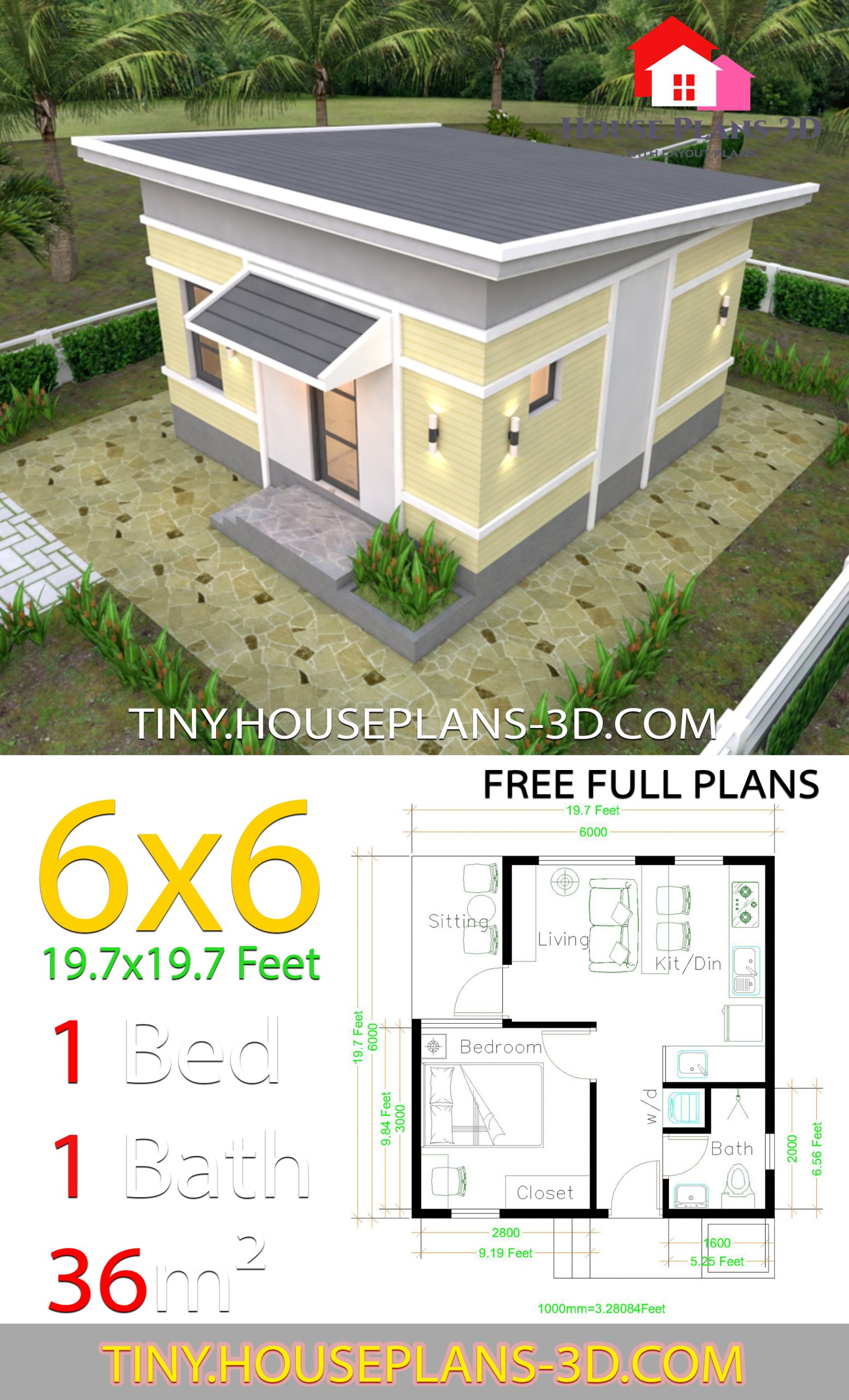 One Bedroom House Design Plans 6x6 with Shed Roof