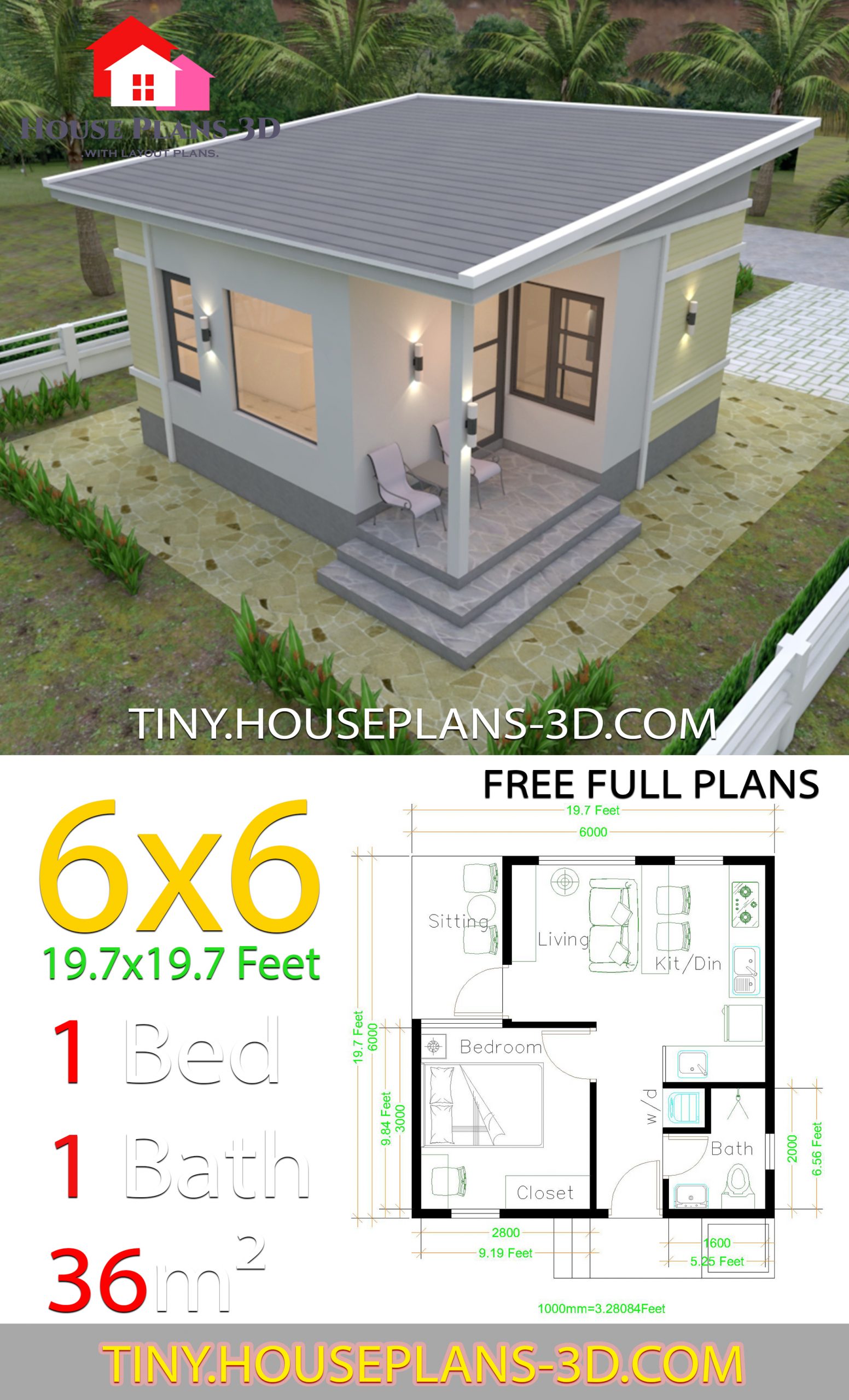 One Bedroom House Design Plans 6x6 with Shed Roof