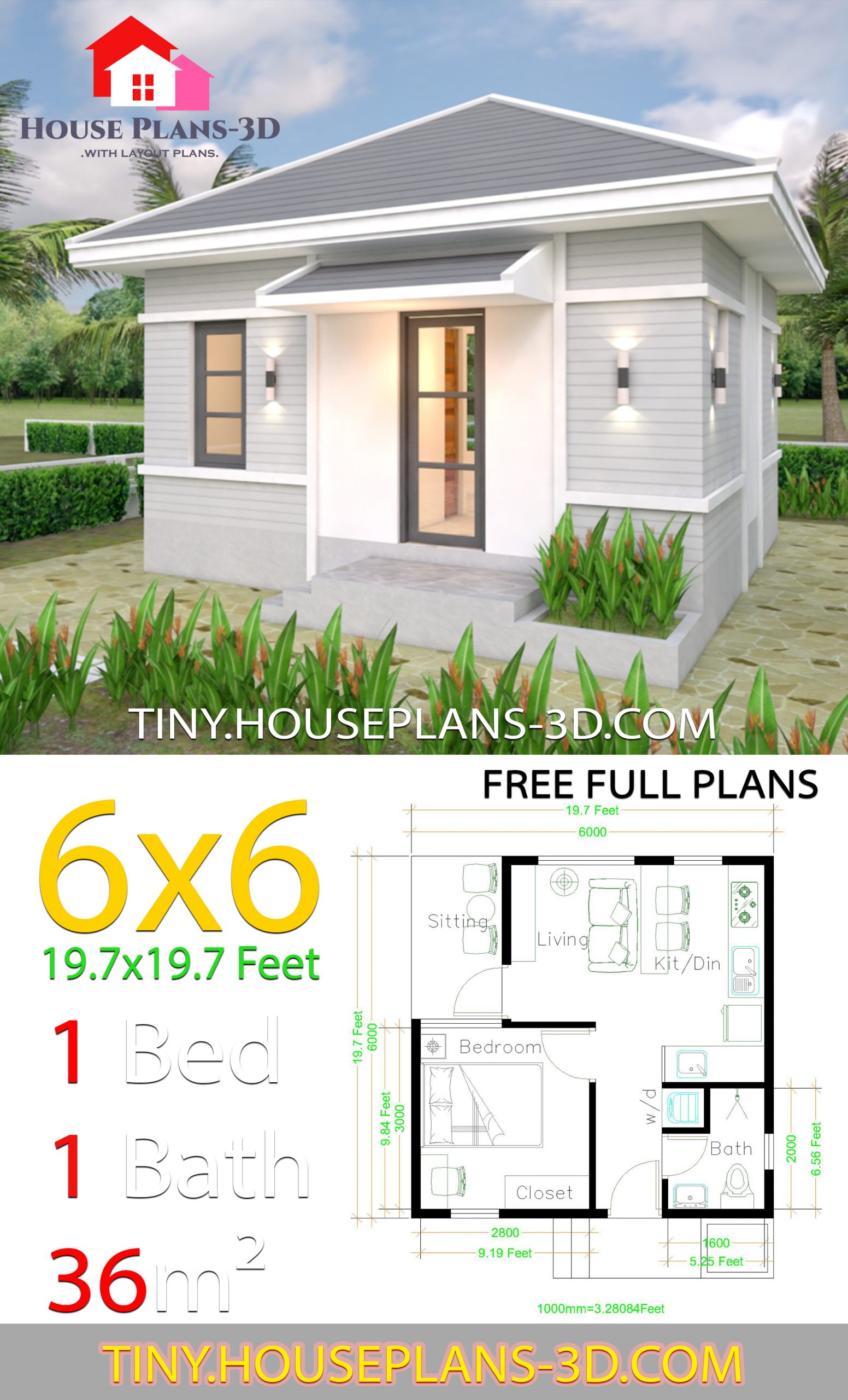 House Plans 6x6 with One Bedroom Hip Roof