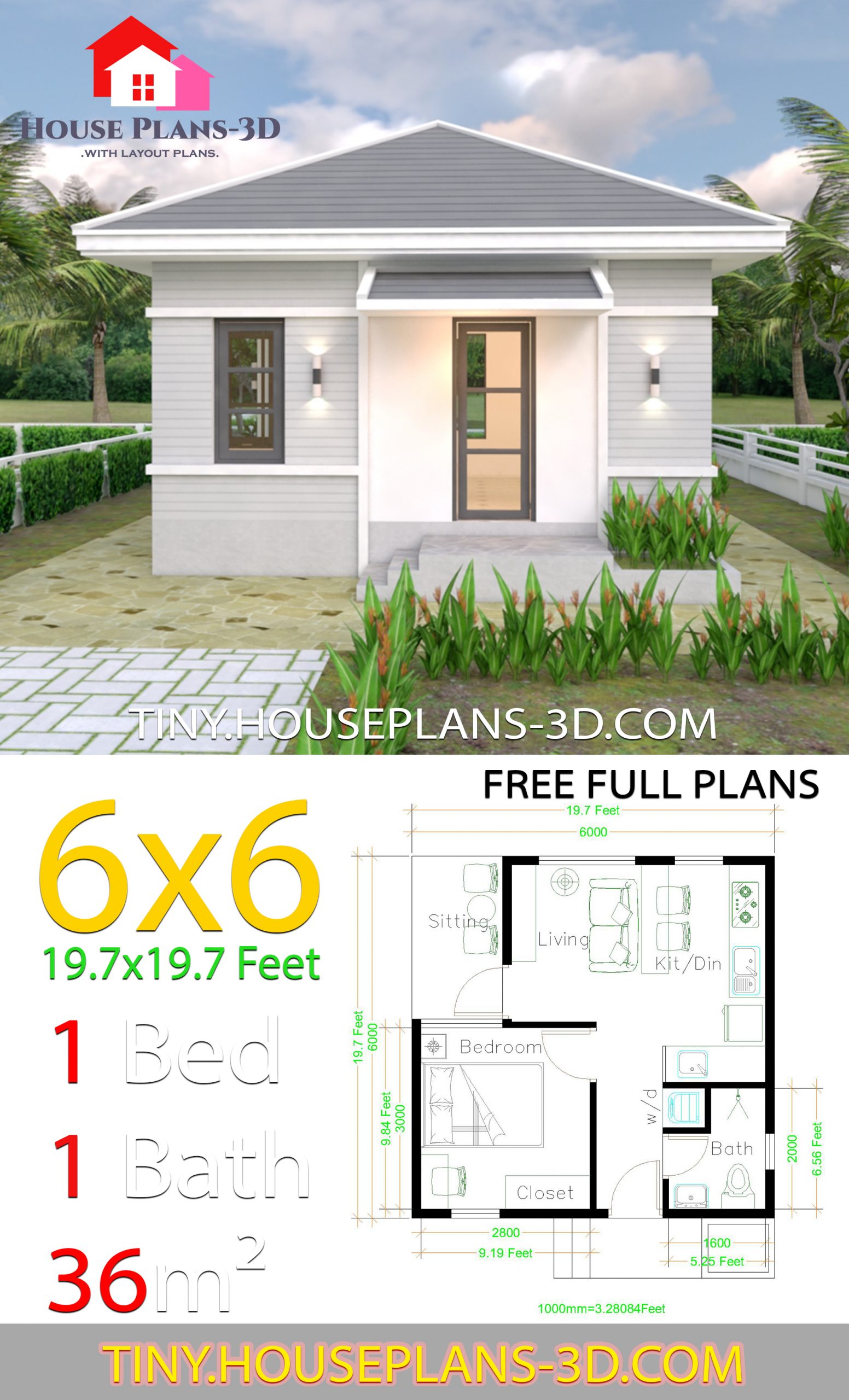 House Plans 6x6 with One Bedroom Hip Roof