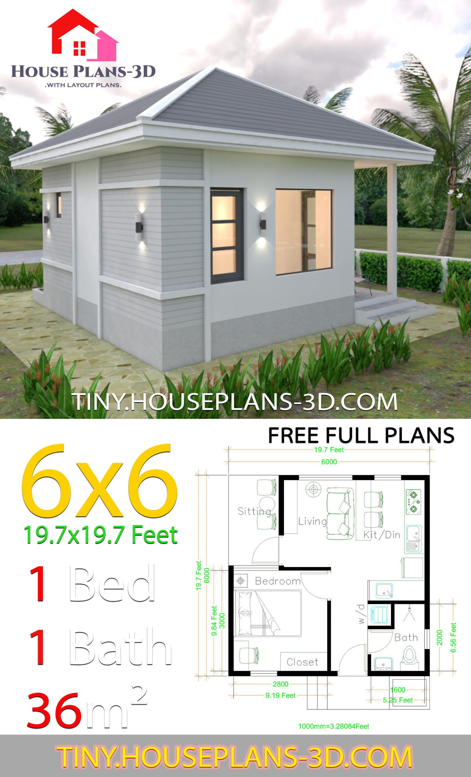 House Plans 6x6 with One Bedroom Hip Roof