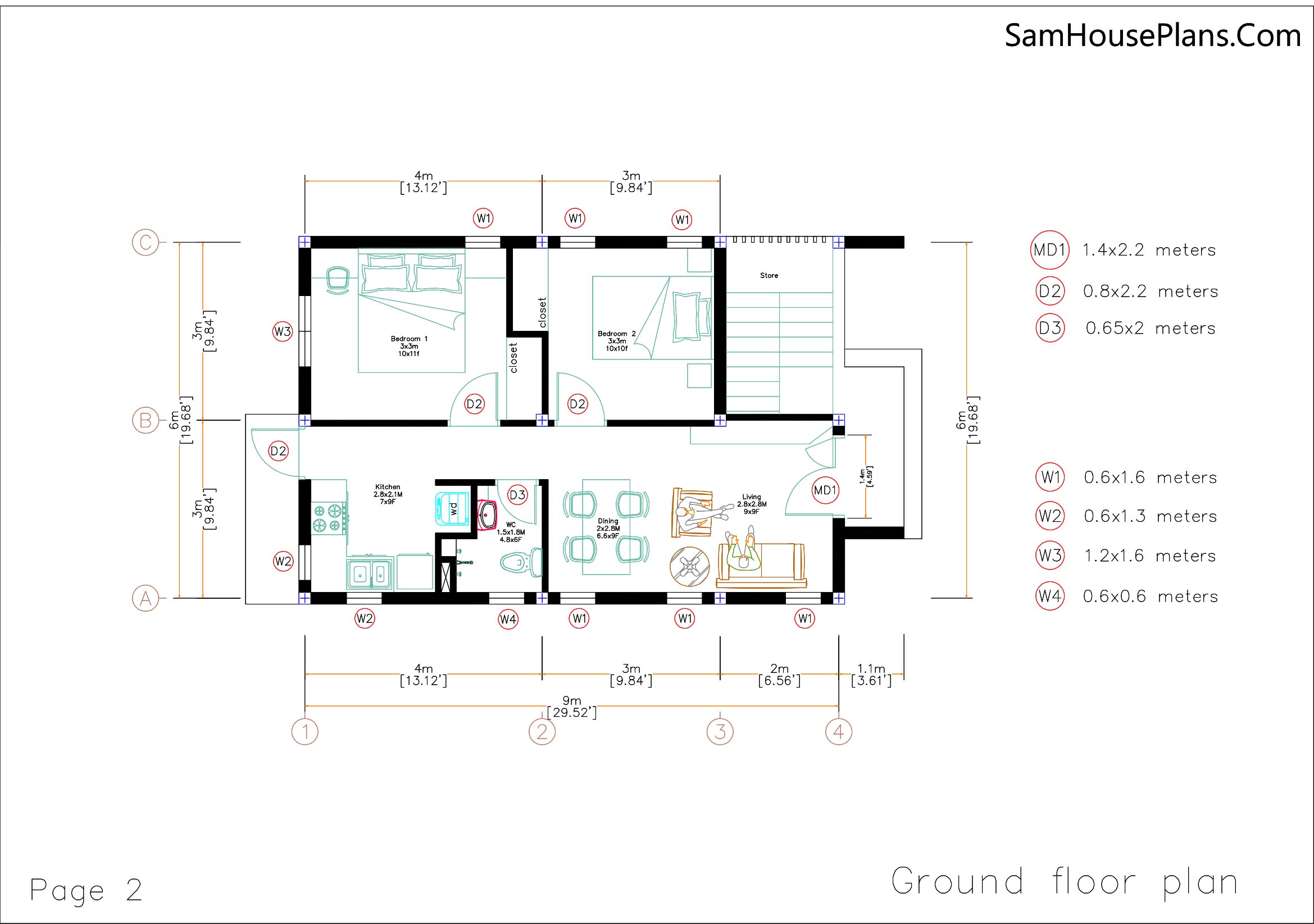 Two Bedrooms Duplex Small House Plan with 59 Sqm 3d Layout floor plan
