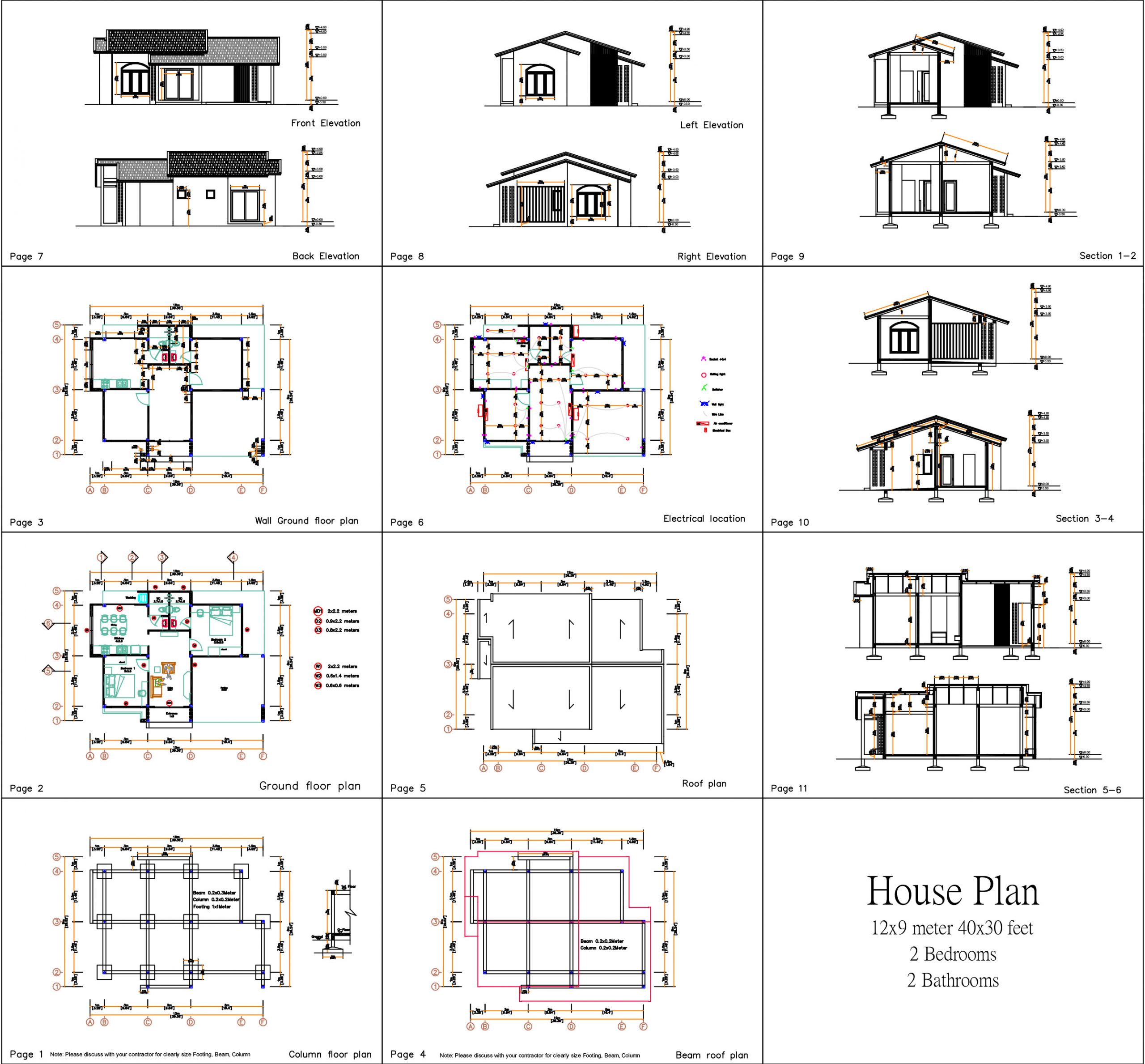 House Plans 12x9 Meter 2 Beds 2 Baths Gable Roof